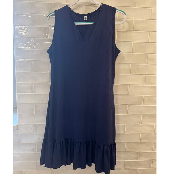 Navy Ribbed Sleeveless Ruffle Hem Dress 2XL Knee Length V Neck - Picture 1 of 3